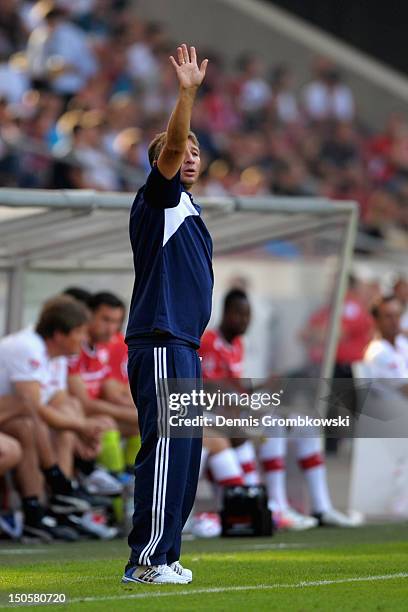 Head coach Dan Vasile Petrescu of Moscow reacts during the UEFA Europa League Qualifying Play-Off match between VfB Stuttgart and FC Dynamo Moscow at...