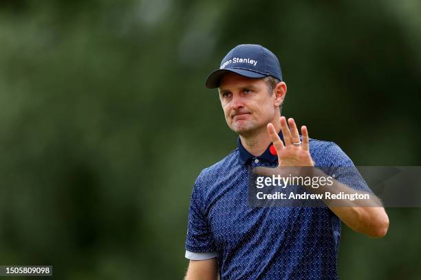Justin Rose of England acknowledges the crowd on the 18th green during Day Two of the Betfred British Masters hosted by Sir Nick Faldo 2023 at The...