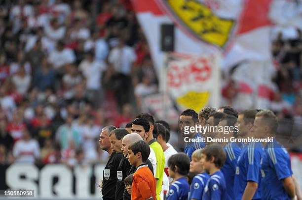 Kevin Kuranyi of Moscow looks on while the teams line up prior to the UEFA Europa League Qualifying Play-Off match between VfB Stuttgart and FC...
