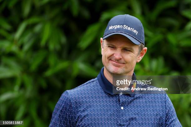 Justin Rose of England reacts as he walks to the 18th green during Day Two of the Betfred British Masters hosted by Sir Nick Faldo 2023 at The Belfry...