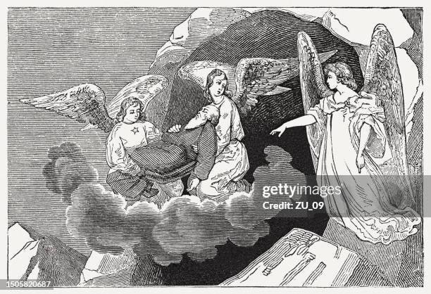 death of moses (deuteronomy 34, 5-6), wood engraving, published 1835 - sinai desert stock illustrations