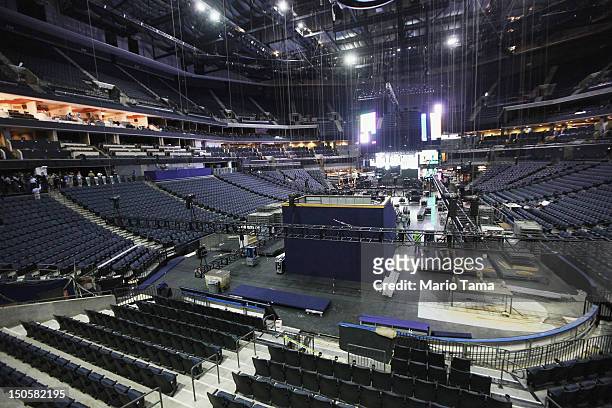 Workers construct modifications to the Time Warner Cable Arena in preparation for the Democratic National Convention on August 22, 2012 in Charlotte,...