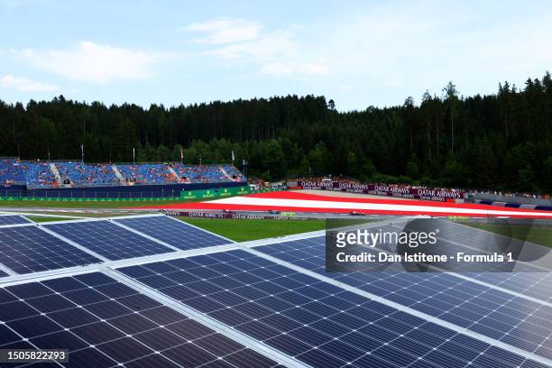 General view of solar panels installed at the circuit during practice ahead of the F1 Grand Prix of Austria at Red Bull Ring on June 30, 2023 in...
