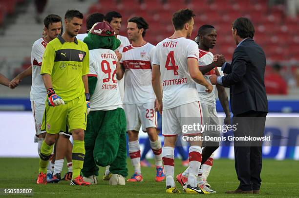 Head coach Bruno Labbadia of Stuttgart celebrates with Ibrahim Traore after the UEFA Europa League Qualifying Play-Off match between VfB Stuttgart...