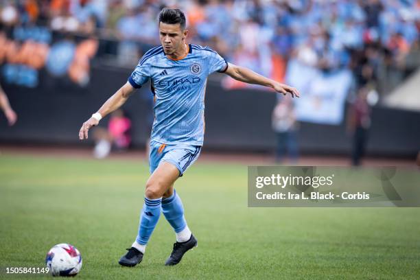 Alfredo Morales of New York City FC takes the ball to the goal in the first half of the Major League Soccer match against the Charlotte FC at Citi...