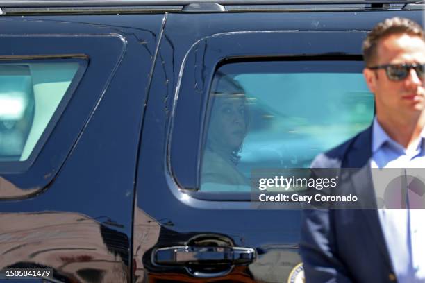 Vice President Kamala Harris leaves in the motorcade after visiting Alfalfa restaurant along Main St. On Wednesday, July 5, 2023 in Santa Monica, CA.