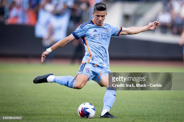 Alfredo Morales of New York City FC takes the shot on goal in the first half of the Major League Soccer match against the Charlotte FC at Citi Field...