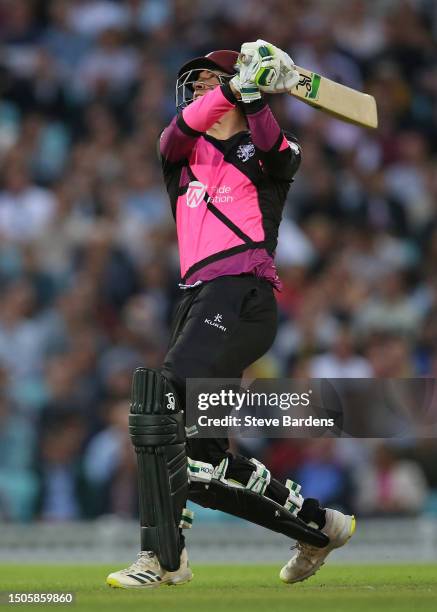 Tom Banton of Somerset hits a six during the Vitality Blast T20 match between Surrey CCC and Somerset CCC at The Kia Oval on June 30, 2023 in London,...