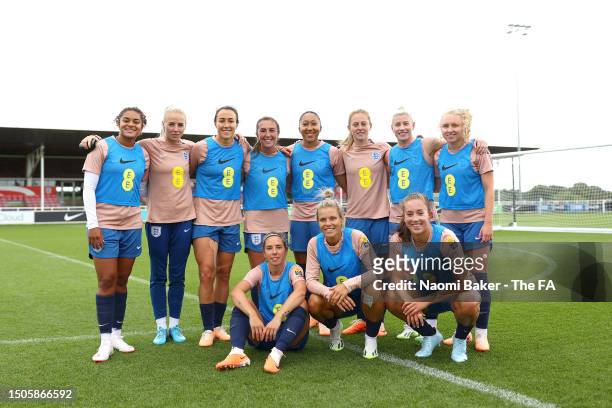 Players of England pose for a photograph during a training session at St George's Park on June 30, 2023 in Burton upon Trent, England.