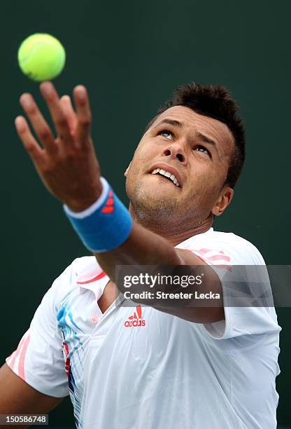 Jo-Wilfried Tsonga of France serves to Sergiy Stakhovsky of Ukraine during the third round of the Winston-Salem Open at Wake Forest University on...