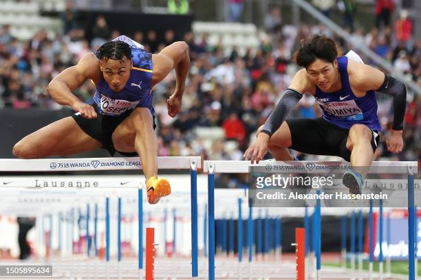 Jason Joseph of Switzerland and Shunsuke Izumiya of Japan compete in the Men's 110m Hurdles during Athletissima, part of the 2023 Diamond League...