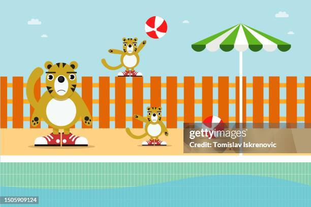 ilustraciones, imágenes clip art, dibujos animados e iconos de stock de una familia de tigres en la piscina - fiesta de piscina