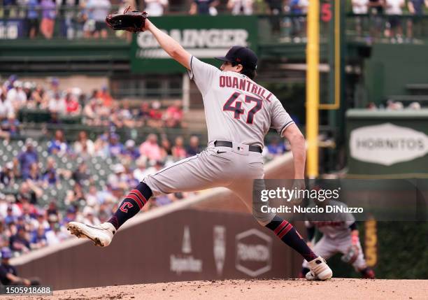 Cal Quantrill of the Cleveland Guardians pitches during the first inning against the Chicago Cubs at Wrigley Field on June 30, 2023 in Chicago,...