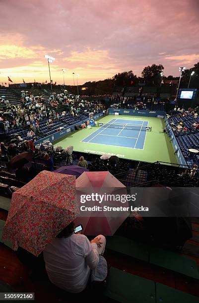 Center court is empty due to a rain delay in the third round of the Winston-Salem Open at Wake Forest University on August 22, 2012 in Winston-Salem,...