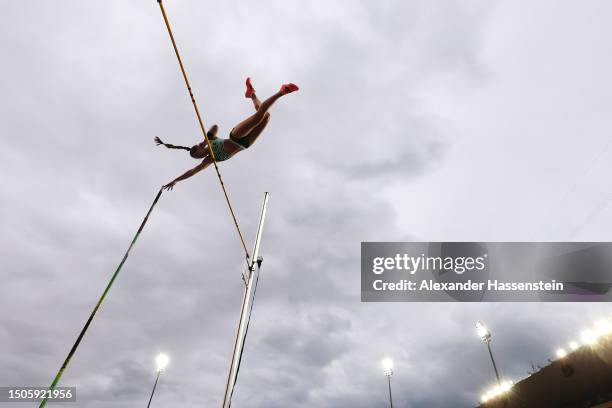 Eliza McCartney of New Zealand competes in the Women's Pole Vault during Athletissima, part of the 2023 Diamond League series at Stade Olympique de...