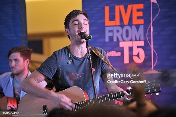 Singer Tom Parker of the band The Wanted performs during JetBlue's Live From T5 Concert Series at John F. Kennedy International Airport on August 22,...
