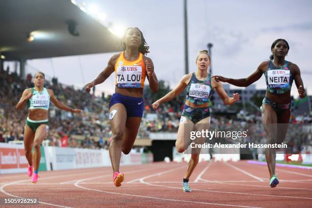 Marie-Josee Ta Lou of Ivory Coast wins the Women's 100m during Athletissima, part of the 2023 Diamond League series at Stade Olympique de la Pontaise...