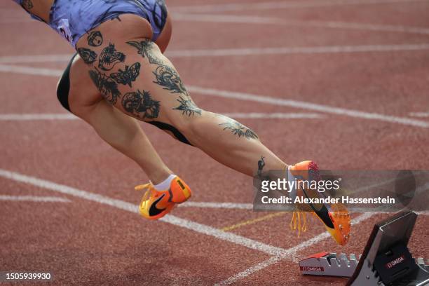 Detailed view of tattoo's on the legs of Ewa Swoboda of Poland whilst competing in the Women's 100m Final during Athletissima, part of the 2023...