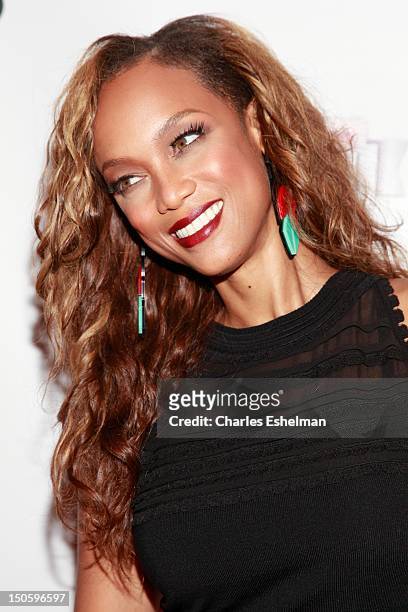 Host Tyra Banks attends the "America's Next Top Model: College Edition, Cycle 19" Premiere at the Tribeca Grand Hotel on August 22, 2012 in New York...
