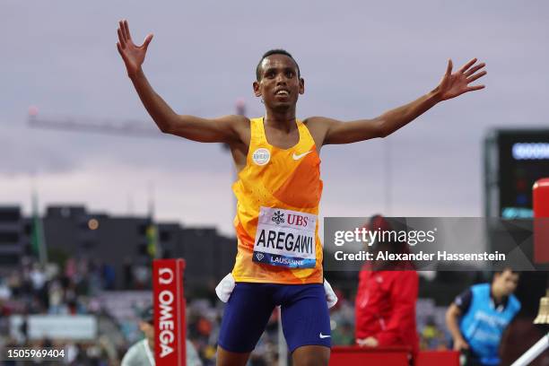 Berihu Aregawi of Ethiopia celebrates after winning the Men's 5000m Final during Athletissima, part of the 2023 Diamond League series at Stade...