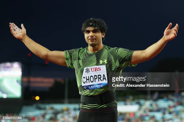 Neeraj Chopra of India celebrates after winning the Men's Javelin final during Athletissima, part of the 2023 Diamond League series at Stade...