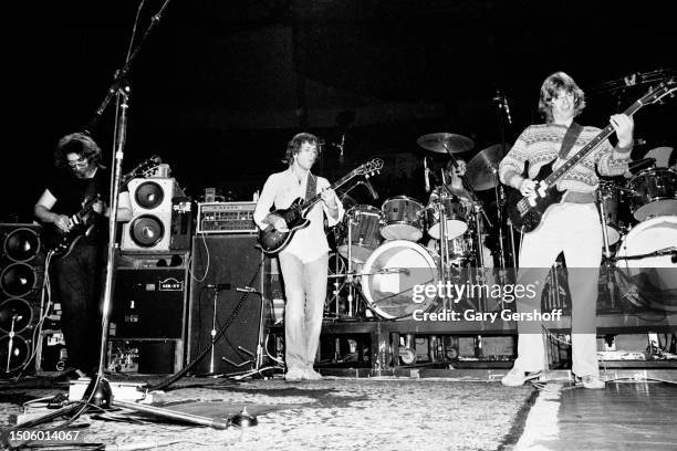 View of members of the Rock group Grateful Dead as they perform onstage at Nassau Coliseum , Uniondale, New York, November 1, 1979. Visible are, from...