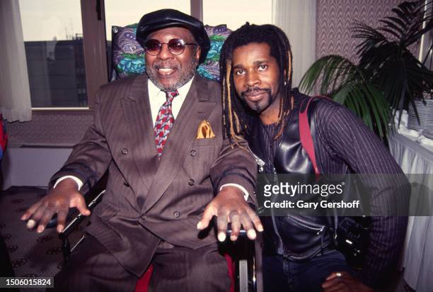 View of American R&B and Soul musicians Curtis Mayfield and English-born American Rock musician Vernon Reid at the Righa Royal Hotel , New York, New...