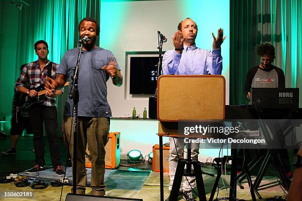 Mark Goodfeather, Selema Masakela, Sunn Levine and Beardo of Alekesam perform after the screening of "Alekesam" at Sonos Studio on August 22, 2012 in...