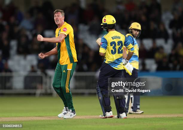 Jake Ball of Nottinghamshire Outlaws celebrates after taking the wicket of Hassan Ali during the Vitality Blast T20 match between Nottinghamshire...