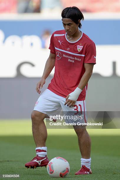 Shinji Okazaki of Stuttgart warms up piror to the UEFA Europa League Qualifying Play-Off match between VfB Stuttgart and FC Dynamo Moscow at...