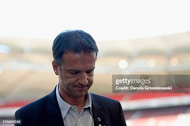 Manager Fredi Bobic of Stuttgart reacts prior to the UEFA Europa League Qualifying Play-Off match between VfB Stuttgart and FC Dynamo Moscow at...