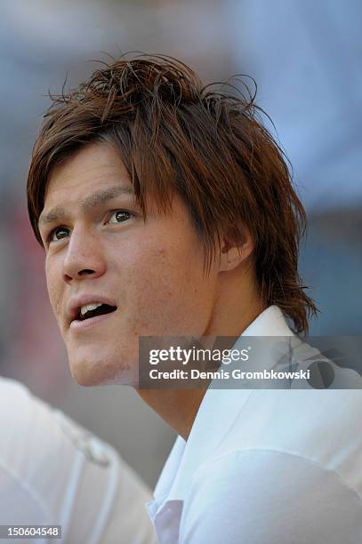 Gotoku Sakai of Stuttgart reacts prior to the UEFA Europa League Qualifying Play-Off match between VfB Stuttgart and FC Dynamo Moscow at...