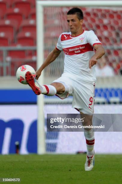 Vedad Ibisevic of Stuttgart controls the ball during the UEFA Europa League Qualifying Play-Off match between VfB Stuttgart and FC Dynamo Moscow at...