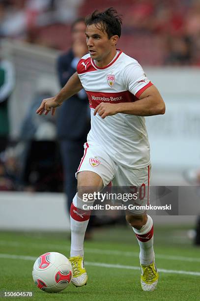 Tamas Hajnal of Stuttgart controls the ball during the UEFA Europa League Qualifying Play-Off match between VfB Stuttgart and FC Dynamo Moscow at...