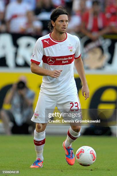 Tim Hoogland of Stuttgart controls the ball during the UEFA Europa League Qualifying Play-Off match between VfB Stuttgart and FC Dynamo Moscow at...