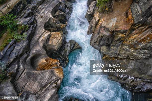 high angle view of waterfall,banff,alberta,canada - river rocks stock pictures, royalty-free photos & images