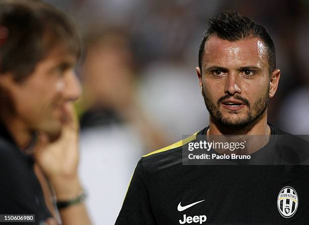 Simone Pepe of FC Juventus reacts during the pre-season friendly match between FC Juventus and Malaga CF at Stadio Arechi on August 4, 2012 in...