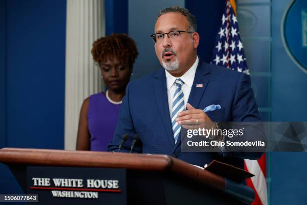 White House Press Secretary Karine Jean-Pierre and Education Secretary Miguel Cardona talk to reporters during the daily news conference in the Brady...