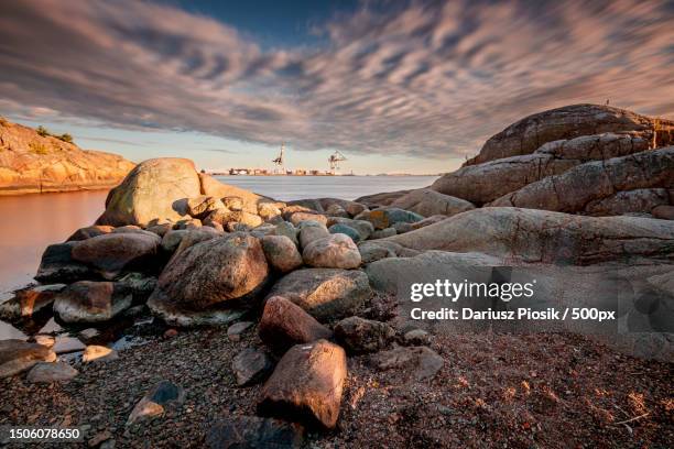 panoramic view of rocks on beach against sky,larvik,norway - larvik bildbanksfoton och bilder