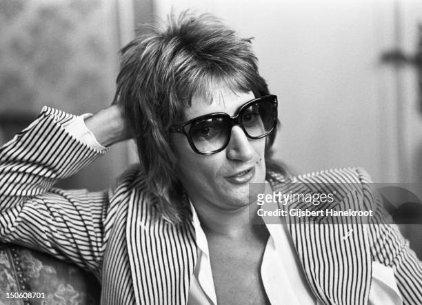 24th FEBRUARY: British singer Rod Stewart poses at a press conference to promote his LP 'Atlantic Crossing' in Amsterdam, Netherlands on 24th...