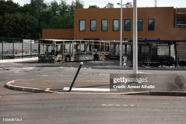 An aquatic center building site was damaged during night clashes between protesters and police in Aubervilliers on June 30, 2023 in Paris, France....