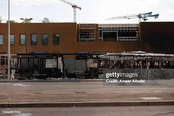 An aquatic center building site was damaged during night clashes between protesters and police in Aubervilliers on June 30, 2023 in Paris, France....