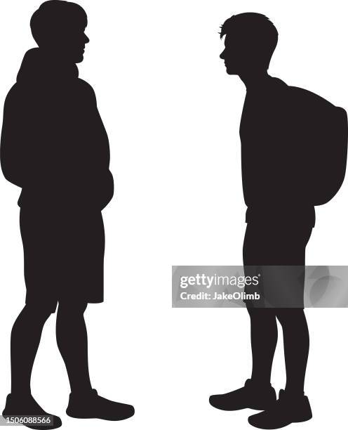 stockillustraties, clipart, cartoons en iconen met two young men talking silhouettes - capuchon