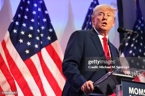 Republican presidential candidate former U.S. President Donald Trump speaks during the Moms for Liberty Joyful Warriors national summit at the...