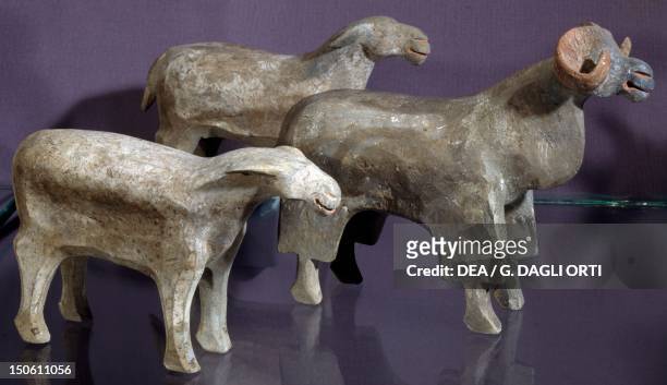 Ram and sheep, painted terracotta statues, China. Chinese Civilisation, Western Han Dynasty, 3rd century BC-1st century AD.