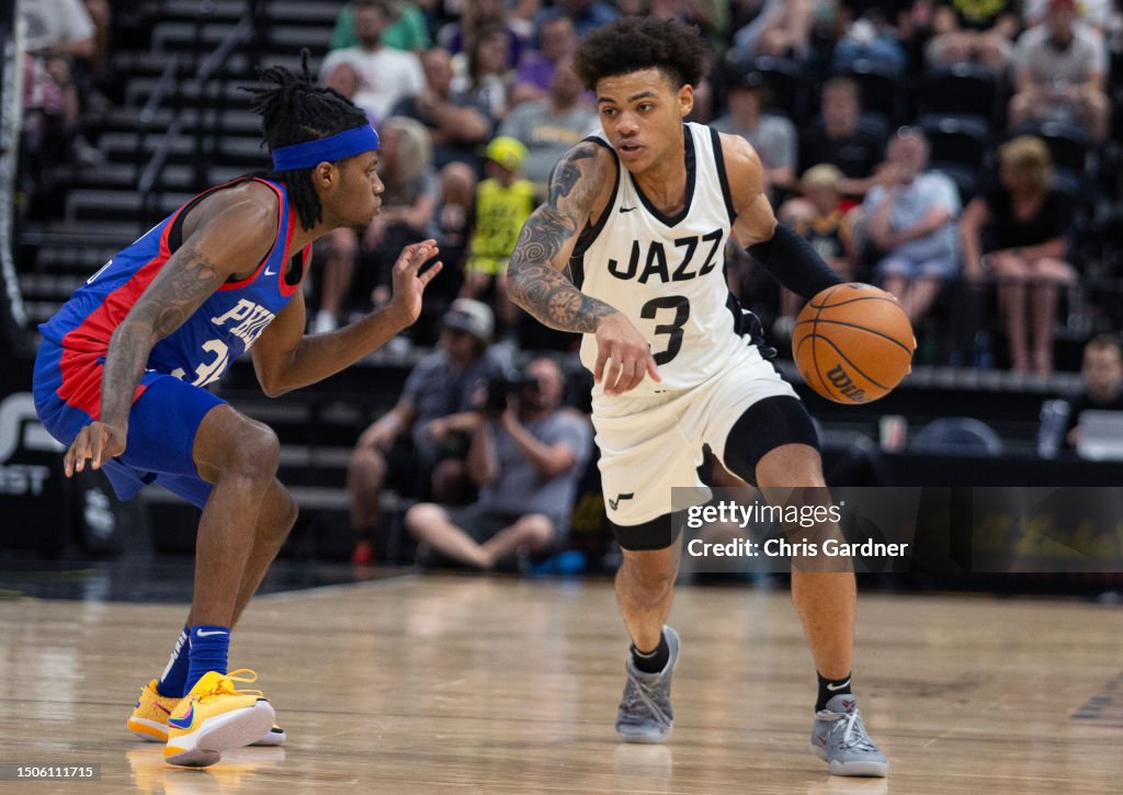 Keyonte George of the Utah Jazz brings the ball up the court against ...