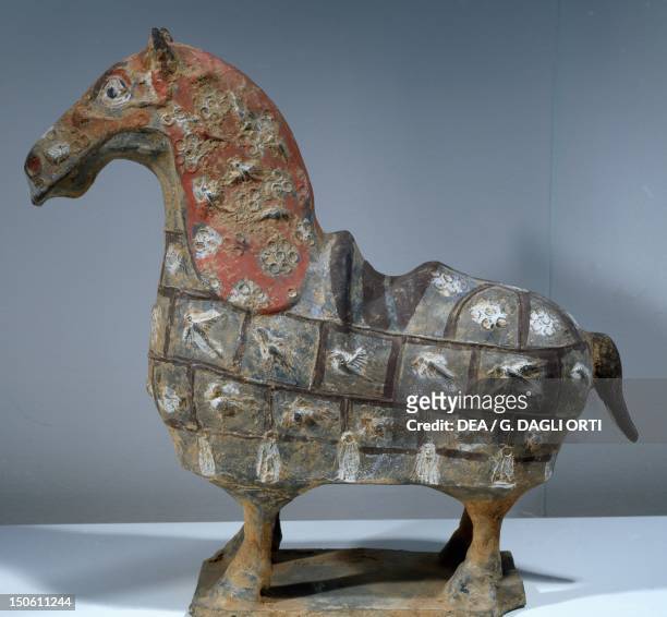 Harnessed horse, grey and polychrome terracotta statuette, China. Chinese Civilisation, Northern Wei Dynasty, 5th-6th century.