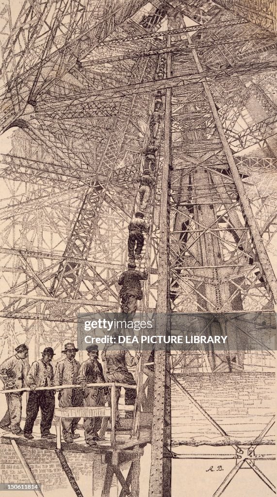 Workers assending the Eiffel Tower
