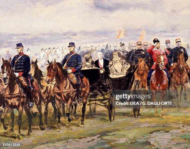 Tsar Nicholas II and French President Felix Faure inspecting the troops at Chalon sur Maune October 9 detail from a watercolour by Edouard Detaille....