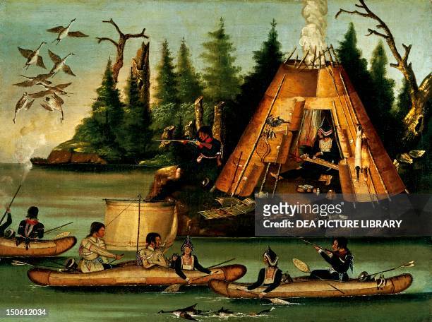 Micmac tribe hunters and fishermen, Algonquian - speaking Native Americans stationed in the north-eastern regions of Canada. Native American...